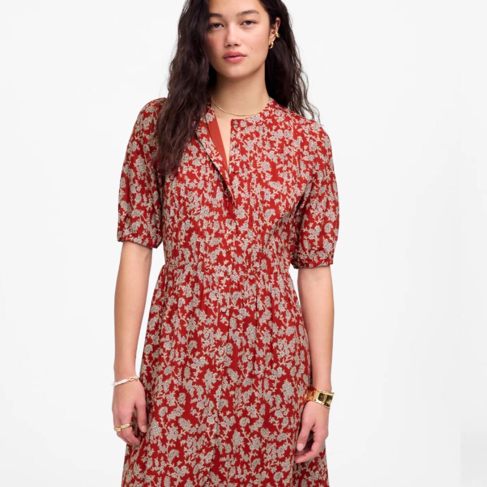 Madewell Pintucked Puff-Sleeve Midi Dress in Floral - Sz 14